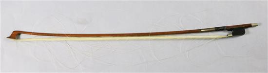 A nickel mounted cello bow, stamped Tubbs, length 71.5cm, weight 75g